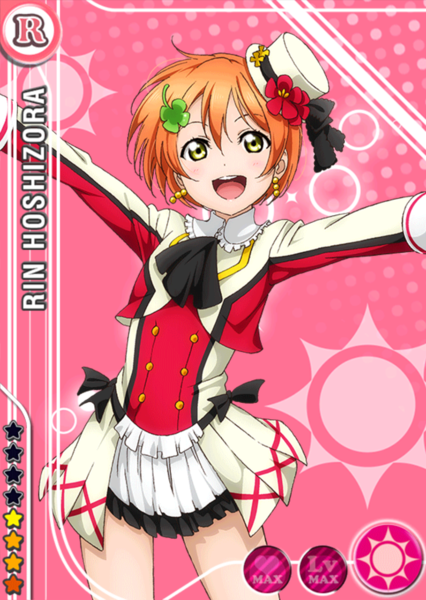 1girl blush character_name clover earrings flower green_eyes happy hat hoshizora_rin jewelry love_live!_school_idol_project official_art open_mouth orange_hair pink_background ribbon short_hair skirt smile solo uniform