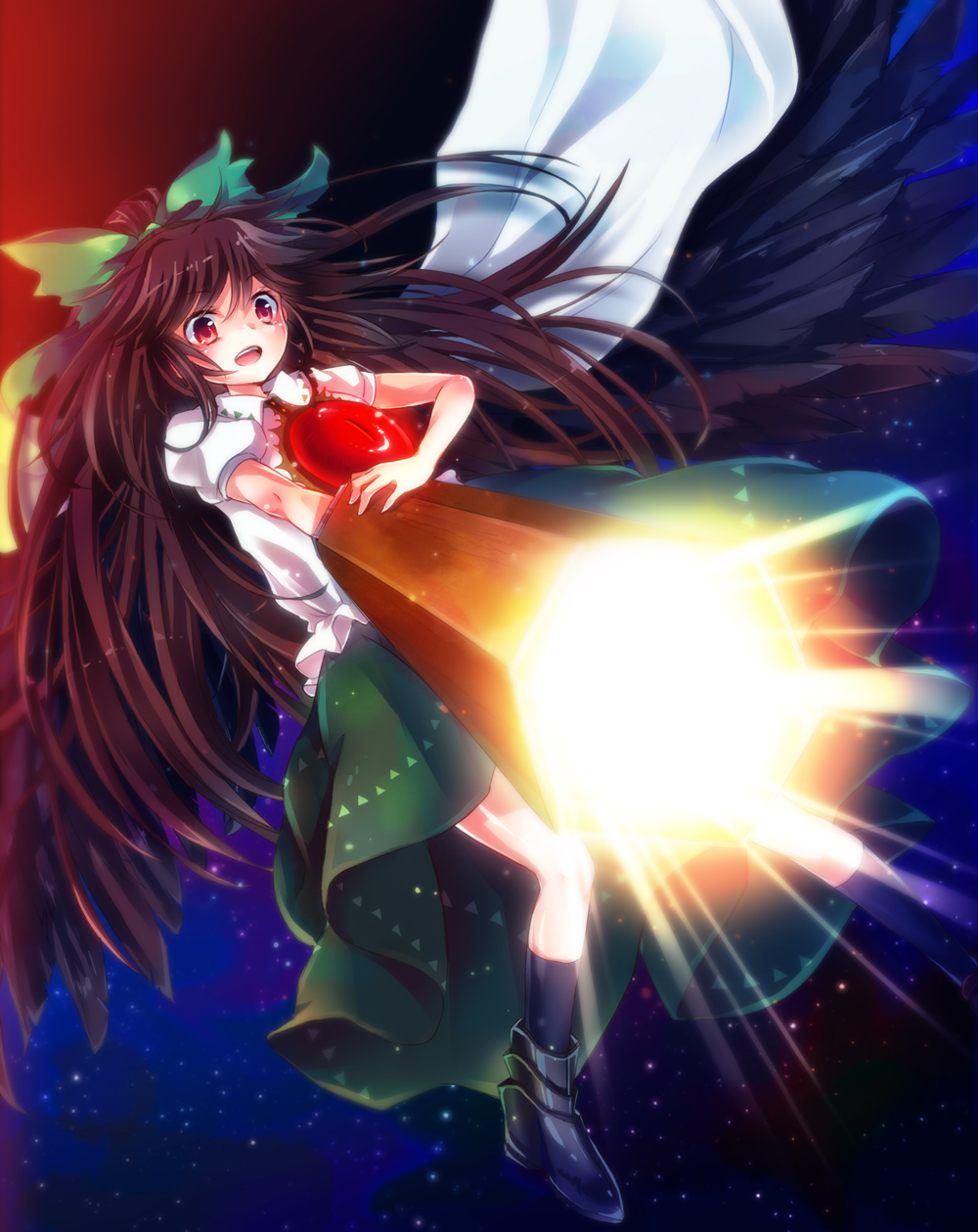 1girl album_cover arm_cannon bird_wings black_wings bow brown_hair cape cover glowing glowing_weapon hair_bow highres long_hair open_mouth puffy_sleeves red_eyes reiuji_utsuho shirt short_sleeves skirt solo third_eye touhou very_long_hair weapon wings yukiiri