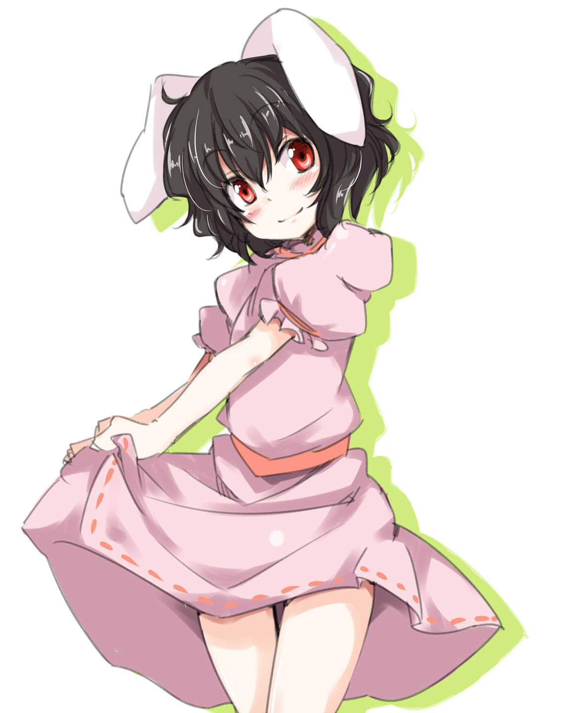 1girl animal_ears black_hair blush chata_maru_(irori_sabou) highres inaba_tewi rabbit_ears red_eyes rough short_hair skirt skirt_lift solo touhou