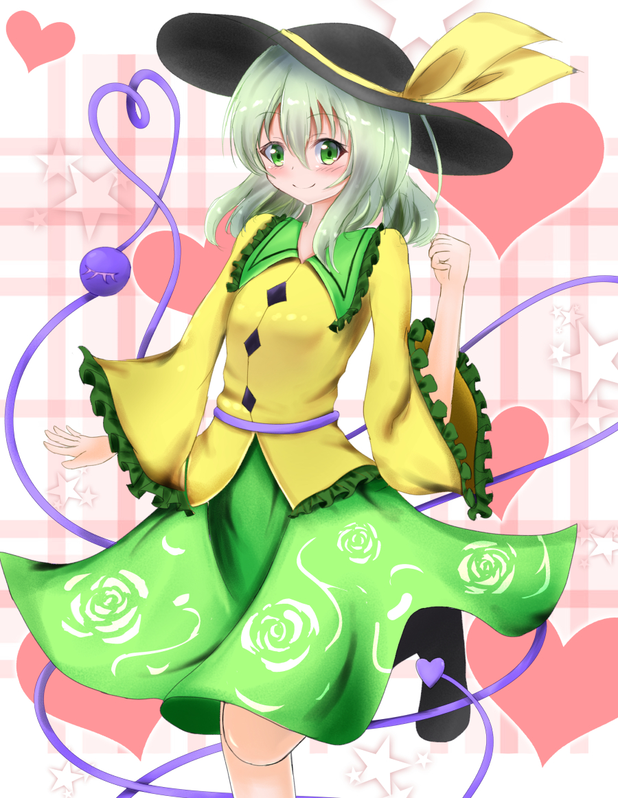 1girl blush bow green_eyes green_hair hat hat_bow heart heart_of_string komeiji_koishi leg_lift solo touhou wide_sleeves ymd_(holudoun)