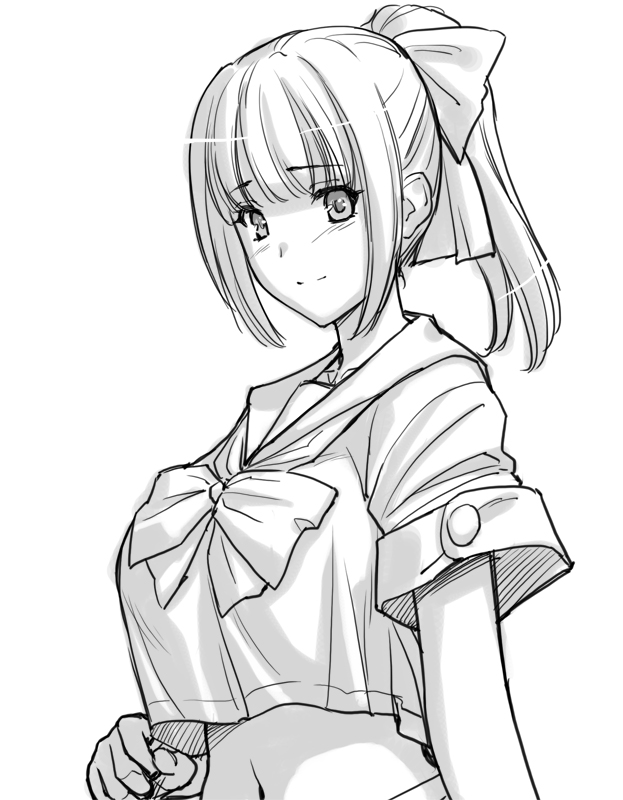 1girl blush breasts croptop female hair_bow hair_up kantai_collection large_breasts long_hair monochrome navel ponytail school_uniform simple_background sketch smile solo wanwandoh yubari_(kantai_collection)