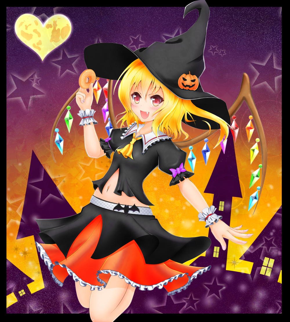 1girl blush doughnut fang flandre_scarlet halloween hat heart jack-o'-lantern navel solo star touhou wings witch_hat wrist_cuffs ymd_(holudoun)