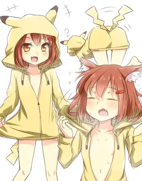 1girl ? ^_^ all_fours animal_ears brown_eyes brown_hair cat_ears closed_eyes fang flat_chest flying_sweatdrops hair_ornament hairclip hooded_jacket hoodie ikazuchi_(kantai_collection) kantai_collection kemonomimi_mode naked_hoodie no_bra open_mouth pikachu_costume short_hair smile solo sweat tail tail_wagging tori_(minamopa)