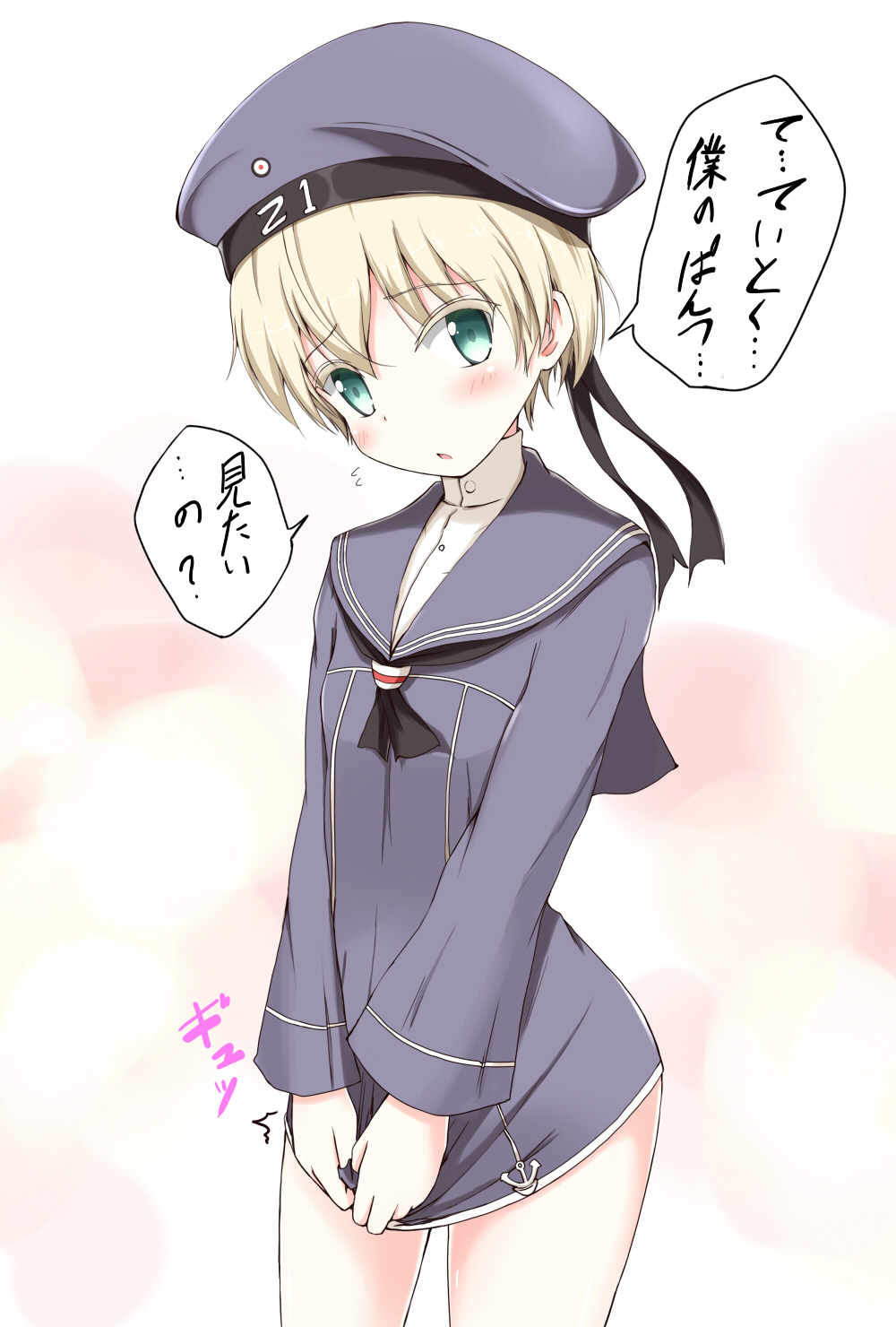 1girl aikawa_ryou blonde_hair blush covering covering_crotch flying_sweatdrops green_eyes hat highres kantai_collection naked_shirt neckerchief sailor_hat solo translated z1_leberecht_maass_(kantai_collection)