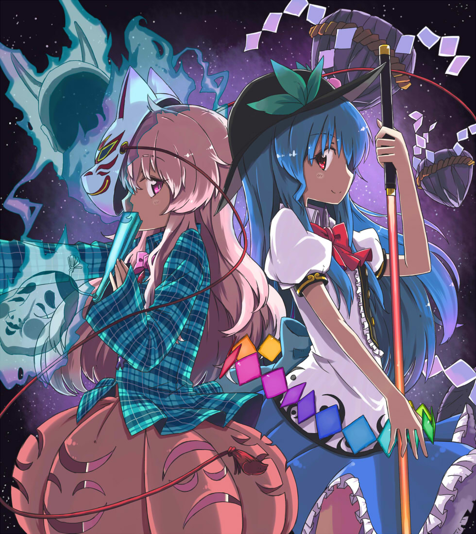 2girls back-to-back blue_hair bow bubble_skirt closed_fan covering_mouth fan folding_fan food fox_mask fruit hat hata_no_kokoro hinanawi_tenshi keystone layered_skirt leaf long_hair looking_at_viewer mask multiple_girls payot peach pink_eyes pink_hair plaid plaid_shirt profile puffy_short_sleeves puffy_sleeves red_eyes reverse_grip short_sleeves side_glance skirt sleeves_past_wrists star starry_background sword_of_hisou touhou ueshita