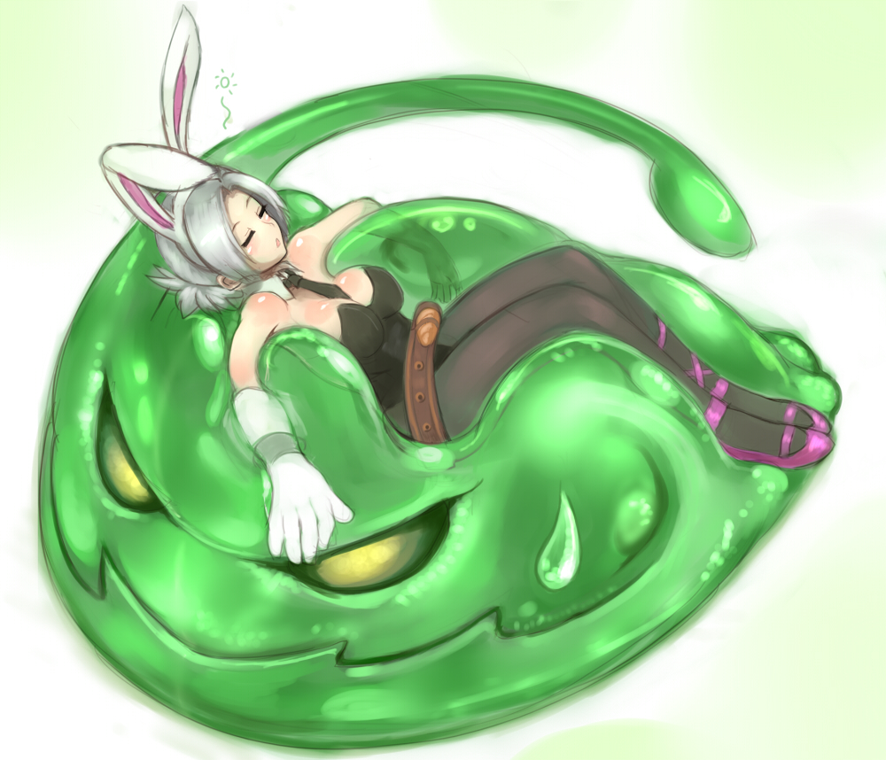 1girl arugeri bare_shoulders belt breasts bunnysuit cleavage closed_eyes detached_collar fake_bunny_ears gloves league_of_legends lying necktie pantyhose riven_(league_of_legends) shiny shiny_skin short_hair silver_hair sleeping slime sweatdrop yellow_eyes zac_(league_of_legends