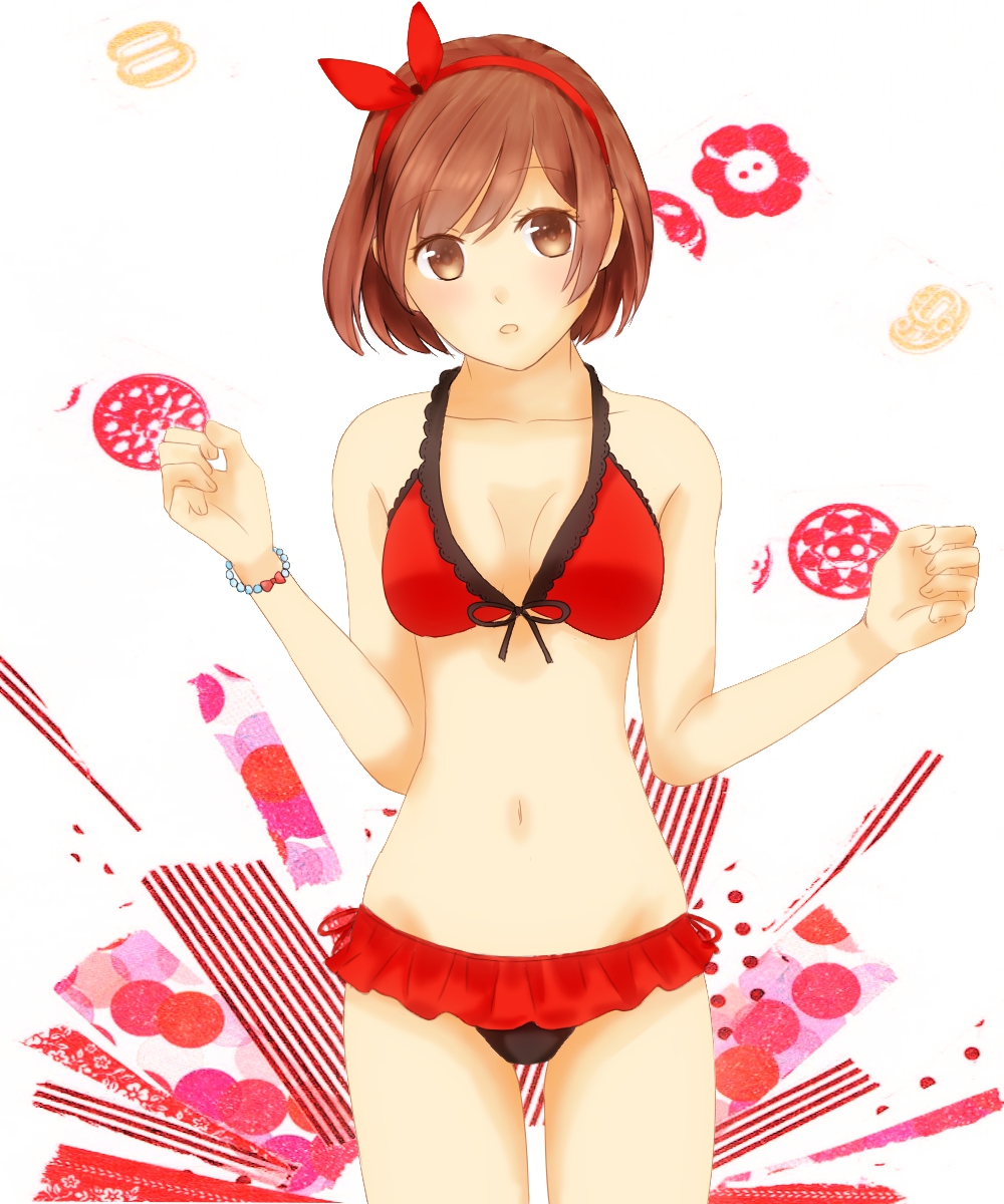 1girl bikini blush bracelet breasts brown_eyes brown_hair cleavage female frills hairband jewelry looking_at_viewer meiko navel open_mouth short_hair solo swimsuit vocaloid