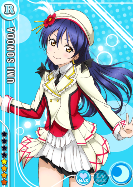 1girl blue_background blue_hair blush brown_eyes character_name flower hat long_hair love_live!_school_idol_project necktie official_art ribbon skirt smile solo sonoda_umi