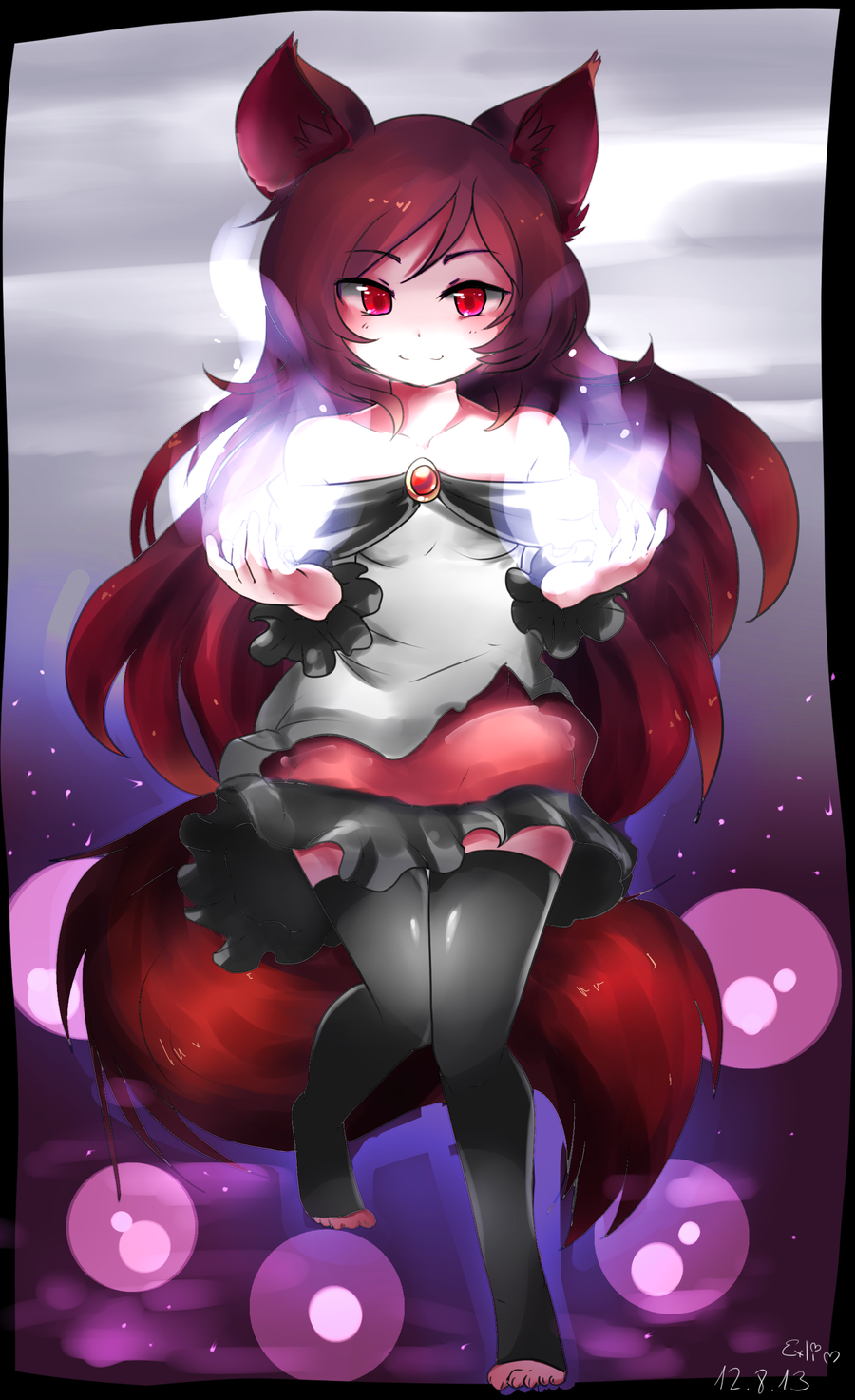 1girl animal_ears bare_shoulders brown_hair dress frilled_dress frills highres imaizumi_kagerou light_particles long_hair magic magicalchan red_eyes smile tail thigh-highs touhou wolf_ears wolf_tail