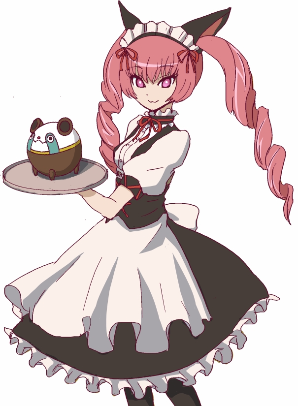 1girl :3 animal_ears apron cat_ears faris_nyannyan holding kosumo_(kosuhoshi) looking_at_viewer pantyhose pink_hair simple_background smile solo steins;gate tray twintails waitress white_background