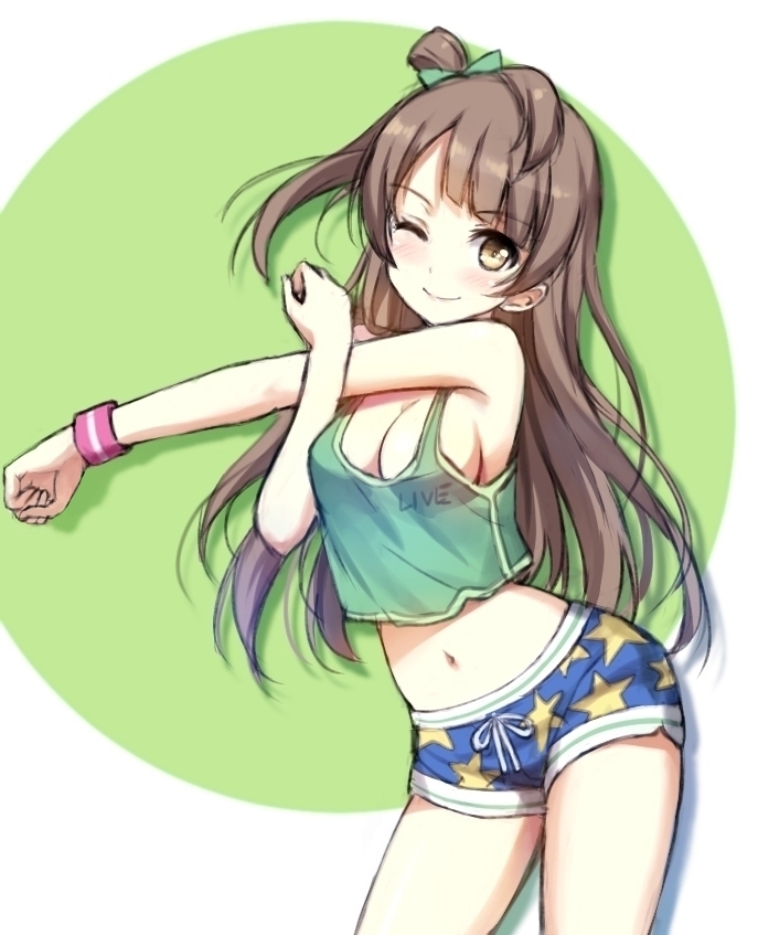 1girl ;) bare_shoulders blush boyshorts breasts brown_eyes brown_hair cleavage contrapposto crop_top crop_top_overhang long_hair looking_at_viewer love_live!_school_idol_project midriff minami_kotori navel one_eye_closed one_side_up print_shorts short_shorts shorts smile solo star_print stretch tank_top tonee wink wristband