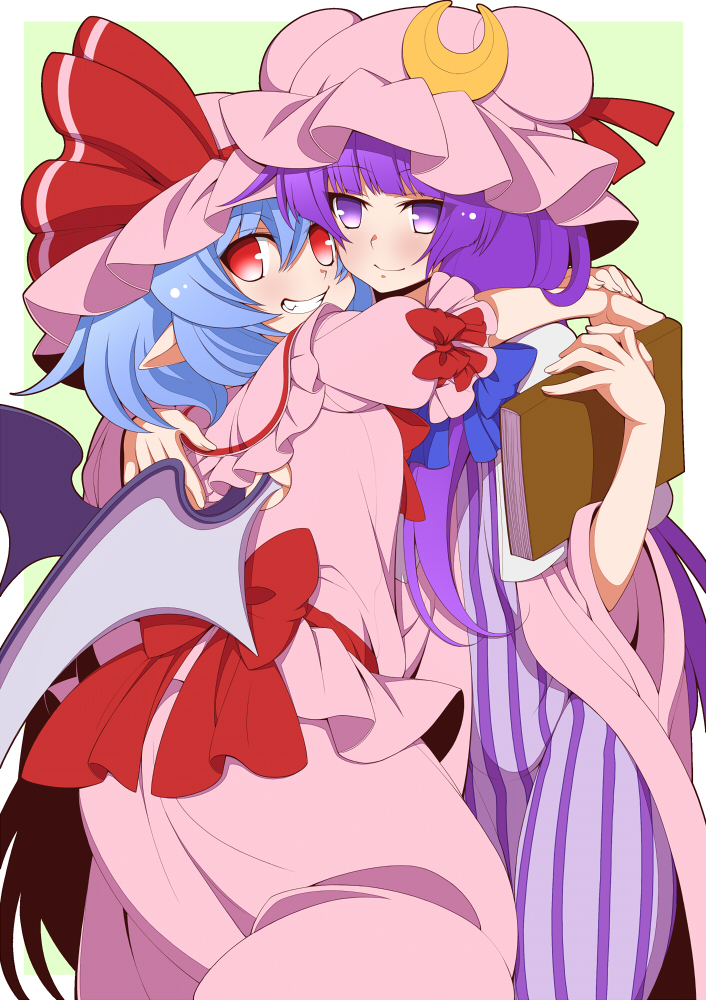 2girls bat_wings blue_hair book coat crescent dress eichi_yuu grin hat hat_ribbon hug long_hair looking_at_viewer looking_back mob_cap multiple_girls open_clothes open_coat patchouli_knowledge pink_dress pointy_ears puffy_sleeves purple_dress purple_hair red_eyes remilia_scarlet ribbon sash short_sleeves smile striped striped_dress touhou very_long_hair violet_eyes wide_sleeves wings