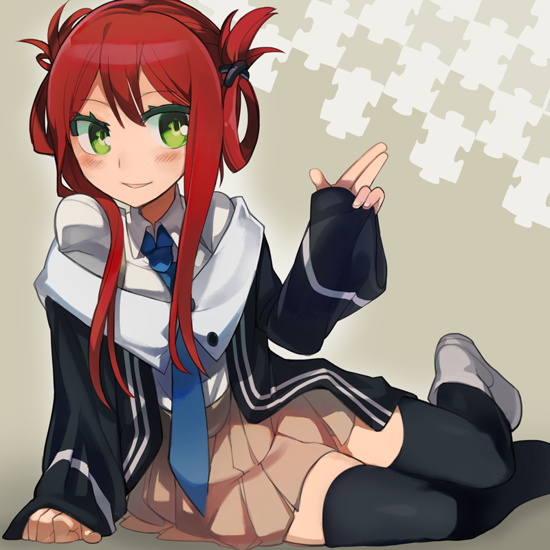 1girl black_legwear blush boots green_eyes hair_rings ika long_sleeves necktie off_shoulder open_mouth original puzzle_piece redhead sitting skirt smile solo thighhighs