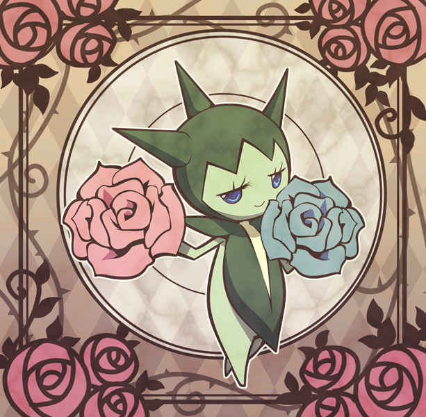 blue_eyes blue_rose elaborate_frame eyelashes flower frame looking_at_viewer no_humans pokemon pokemon_(creature) red_rose rose roselia smile sparkle spikes thorns vines yukika