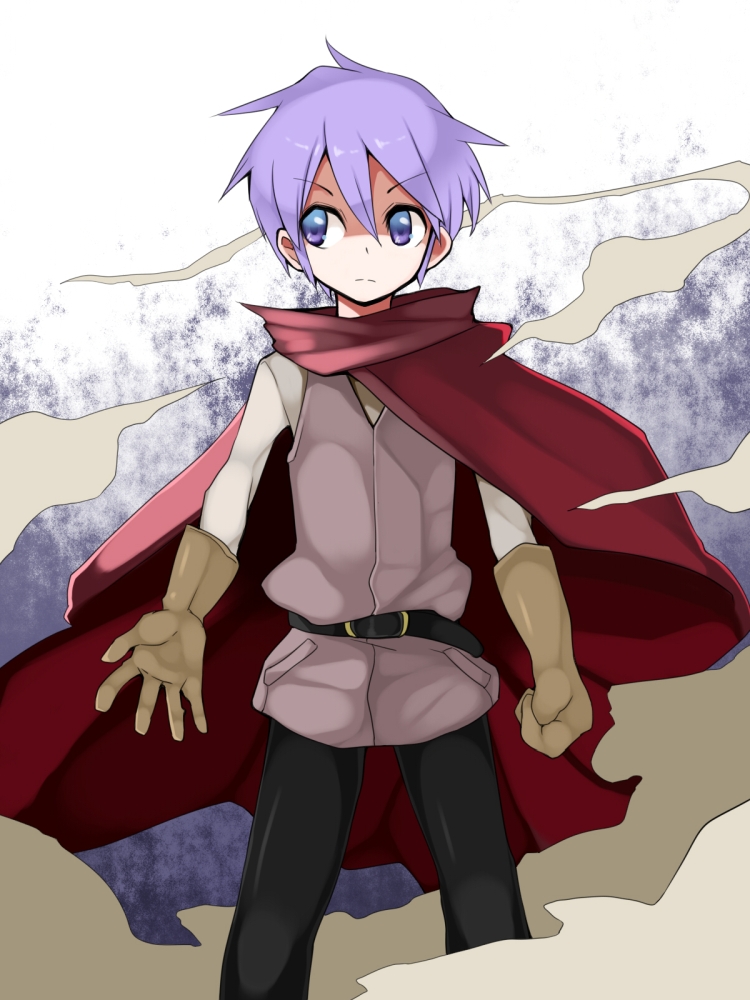 1boy bangs belt blue_eyes cape cloak cowboy_shot dust gloves irodori_(irotoridori) luka_(mon-musu_quest!) mon-musu_quest! purple_hair red_cape short_hair solo