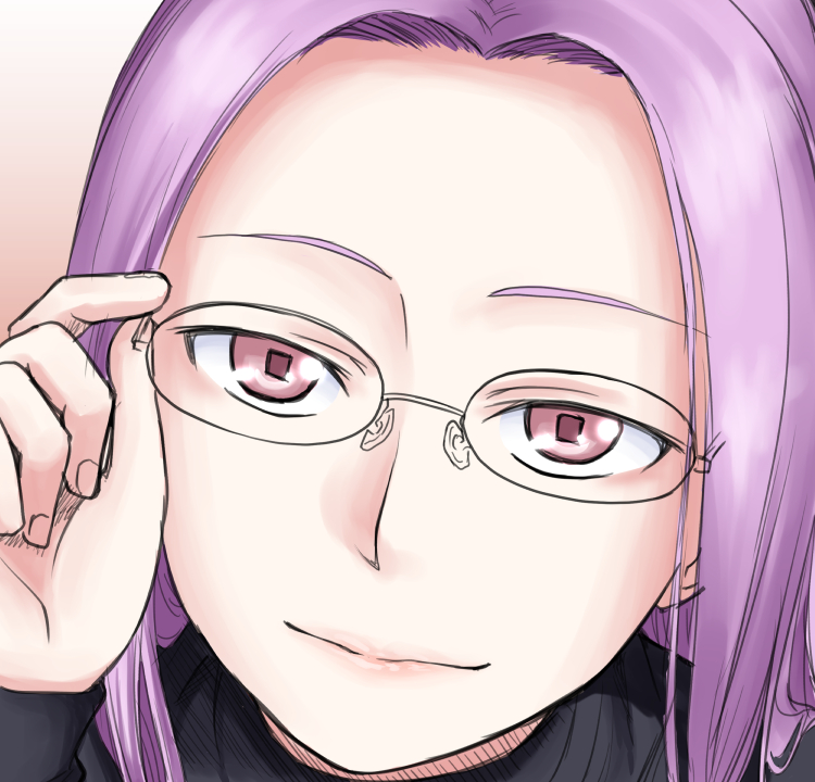 1girl fate_(series) glasses gradient gradient_background happy hone_koppunn lips long_hair looking_at_viewer pullover purple_hair red_eyes rider sketch smile solo tagme