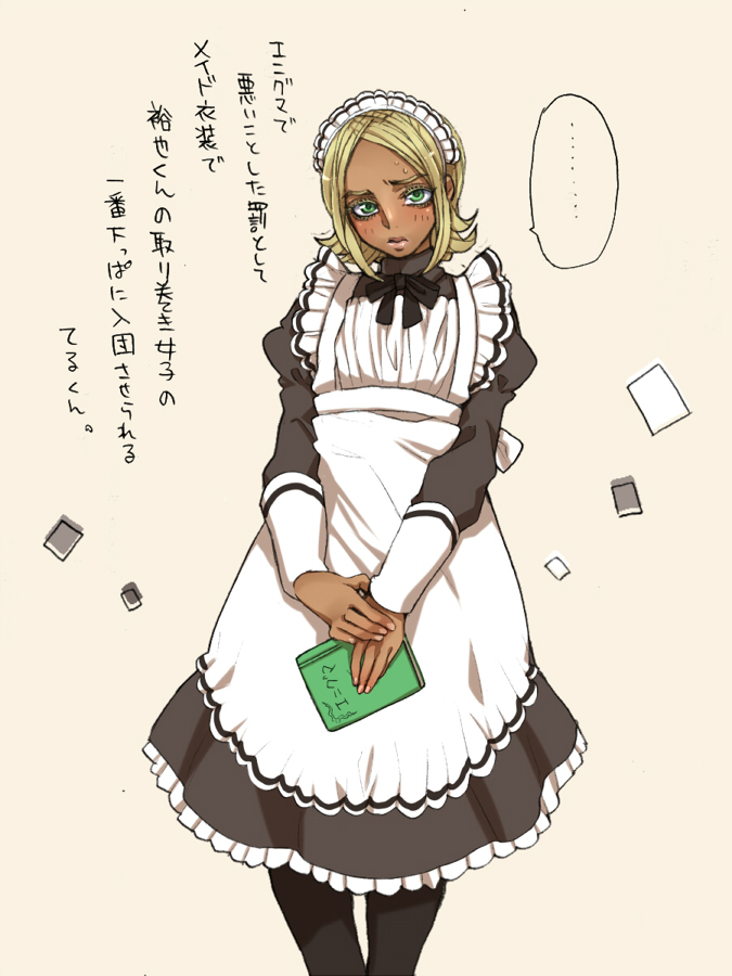 1boy alternate_costume blonde_hair crossdressinging dark_skin enmaided green_eyes jojo_no_kimyou_na_bouken maid maid_headdress minnnaorenoyome miyamoto_terunosuke solo translation_request trap