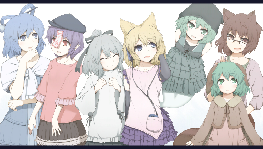 0000_(byoubyou) 6+girls alternate_costume animal_ears arm_warmers arms_behind_back blue_eyes blue_hair brown_eyes brown_hair clenched_hands closed_eyes contemporary digital_media_player dress facing_viewer flying futatsuiwa_mamizou ghost_tail glasses green_eyes green_hair hair_ornament hair_ribbon hair_rings hair_stick hand_in_hair hand_on_another's_head hand_on_own_face hat headphones jacket kaku_seiga kasodani_kyouko lavender_hair letterboxed light_brown_hair long_sleeves looking_at_another looking_at_viewer miyako_yoshika mononobe_no_futo multiple_girls ofuda open_mouth ponytail raccoon_ears raccoon_tail red_eyes ribbon semi-rimless_glasses short_hair short_sleeves silver_hair simple_background sleeveless sleeveless_dress soga_no_tojiko tail ten_desires touhou toyosatomimi_no_miko white_background