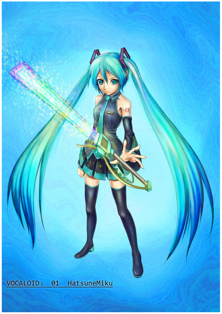 1girl aqua_eyes aqua_hair boots character_name copyright_name detached_sleeves energy_sword hatsune_miku headphones highres long_hair makun_dx musical_note necktie number skirt solo sword thigh_boots thighhighs twintails vocaloid weapon zettai_ryouiki