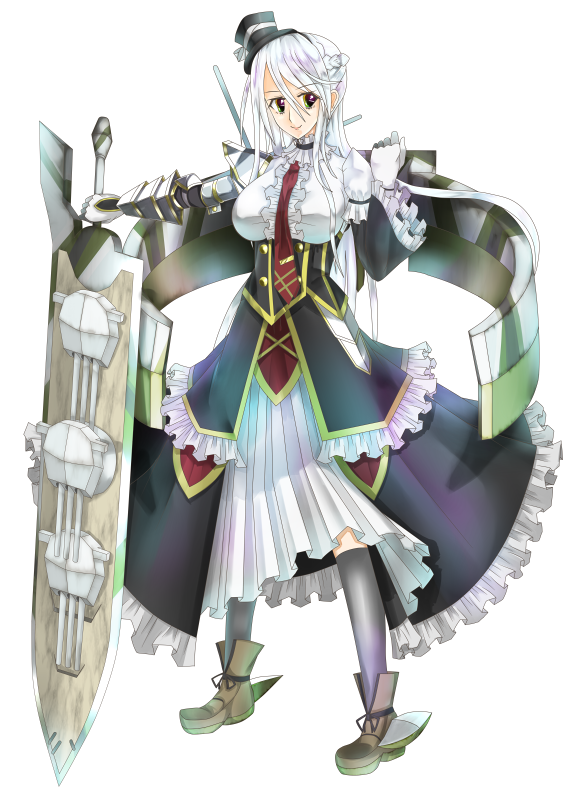 1girl battleship boots breasts dress euphoria_(artist) frilled_dress frills gloves green_eyes half_updo hat hms_nelson huge_weapon kantai_collection kneehighs long_hair mini_top_hat original personification smile solo sword top_hat weapon white_hair