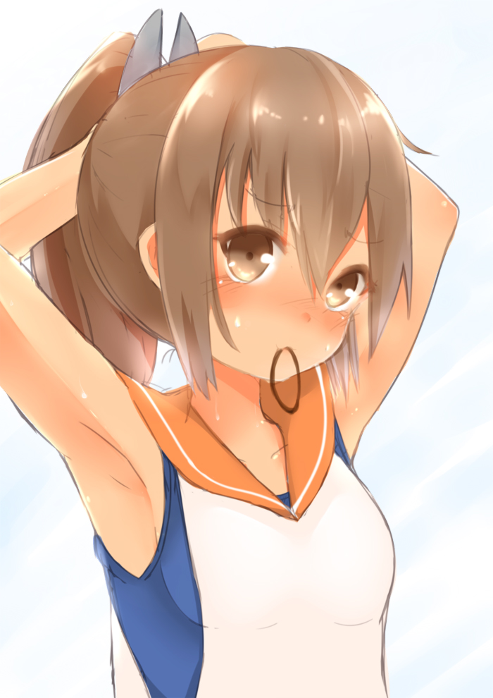 1girl armpits bare_shoulders blush brown_eyes brown_hair hairdressing i-401_(kantai_collection) kantai_collection looking_at_viewer mouth_hold one-piece_swimsuit personification ponytail rubber_band sailor_collar school_swimsuit school_uniform short_hair short_ponytail solo swimsuit tan yu1