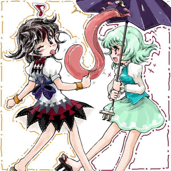 2girls black_hair blue_hair horns japanese_clothes karakasa_obake kijin_seija long_sleeves looking_at_another looking_over_shoulder miniskirt multicolored_hair multiple_girls nanashii_(soregasisan) pointy_ears puffy_long_sleeves puffy_short_sleeves puffy_sleeves red_eyes redhead sandals short_hair short_sleeves skirt skirt_set smile tatara_kogasa tongue tongue_out touching touhou umbrella walking yellow_eyes