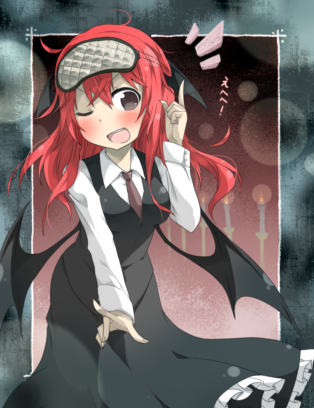 &gt;;d 1girl ;d bat_wings black_eyes blush border breasts candle dress_shirt frills head_wings highres index_finger_raised koakuma long_hair long_sleeves low_wings necktie nobamo_pieruda one_eye_closed open_mouth pointing redhead shirt skirt skirt_set sleep_mask smile solo touhou vest white_shirt wings wink