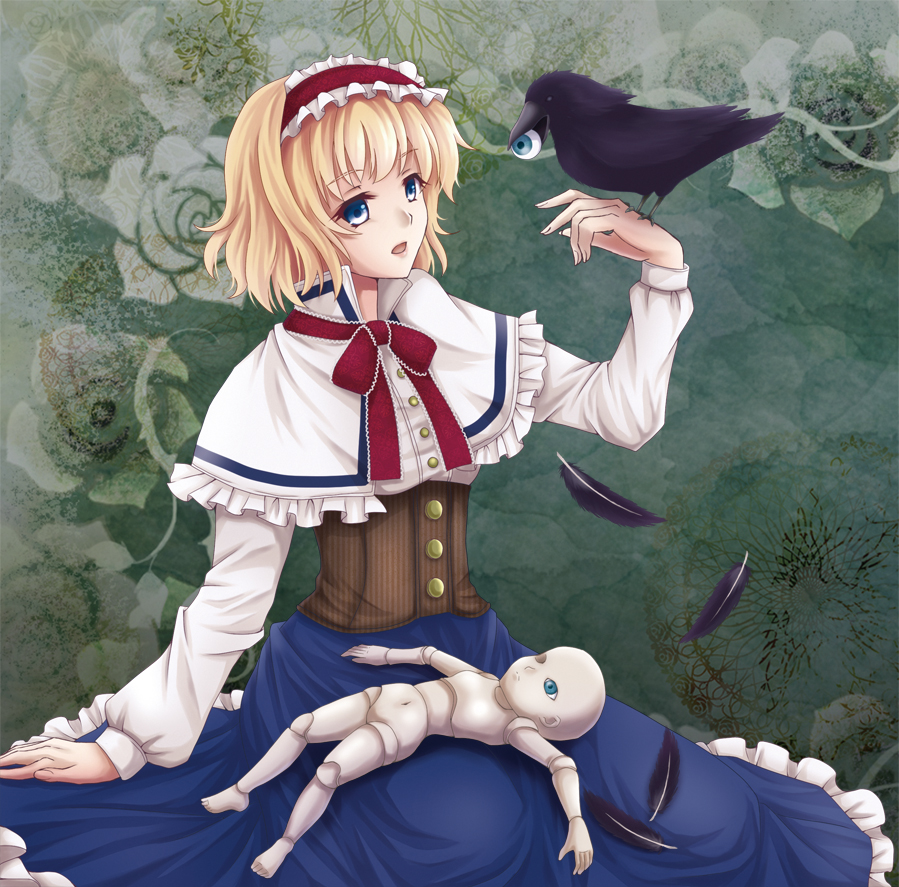 1girl alice_margatroid bird bird_on_hand blonde_hair blue_eyes bodice capelet crow doll doll_joints dress eyeball facing_away feathers fingernails floral_background flower green_background hairband lolita_hairband long_sleeves mitsucho open_mouth raised_hand ribbon rose short_hair sitting solo touhou