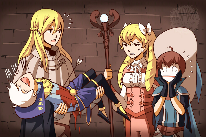 1girl 3boys ^_^ aquanut arrow bangs blonde_hair blood boots bow braid breasts brown_hair cape closed_eyes drill_hair earrings fire_emblem fire_emblem:_kakusei gloves hair_bow hat henry_(fire_emblem) jewelry long_hair mariabel_(fire_emblem) multiple_boys nintendo open_mouth richt_(fire_emblem) riviera_(fire_emblem) robe short_hair smile tunic twin_braids twintails watermark white_hair