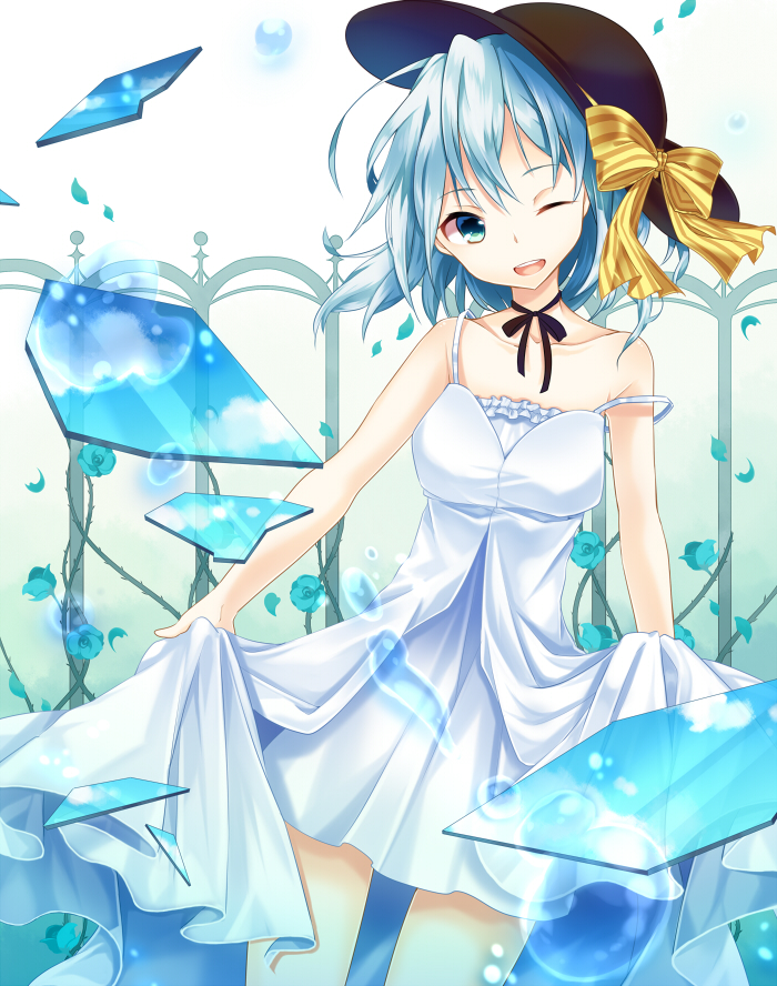 1girl alternate_costume bare_arms bare_shoulders blue_eyes bow collarbone dress dress_lift fence hat hat_bow komeiji_koishi kusada_souta looking_at_viewer off_shoulder one_eye_closed open_clothes open_jacket shards silver_hair sleeveless sleeveless_dress smile solo strap_slip touhou violet_eyes white_dress wink