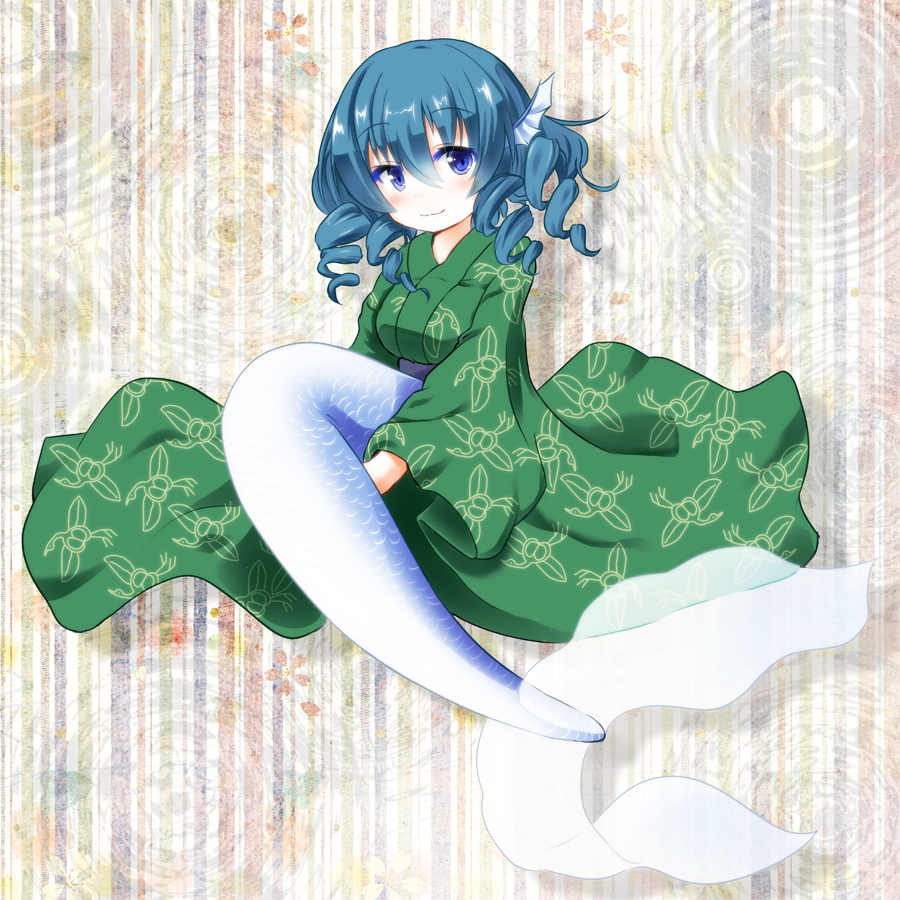 1girl blue_eyes blue_hair drill_hair geso_(nekomachi) head_fins japanese_clothes kimono mermaid monster_girl obi sash smile touhou wakasagihime