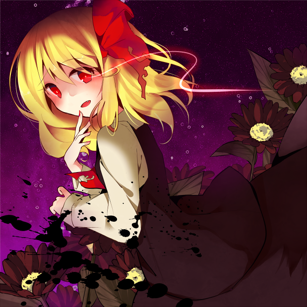 1girl ascot blonde_hair bow dark flower from_side glowing glowing_eye hair_bow looking_at_viewer red_eyes rumia solo tamagogayu1998 touhou