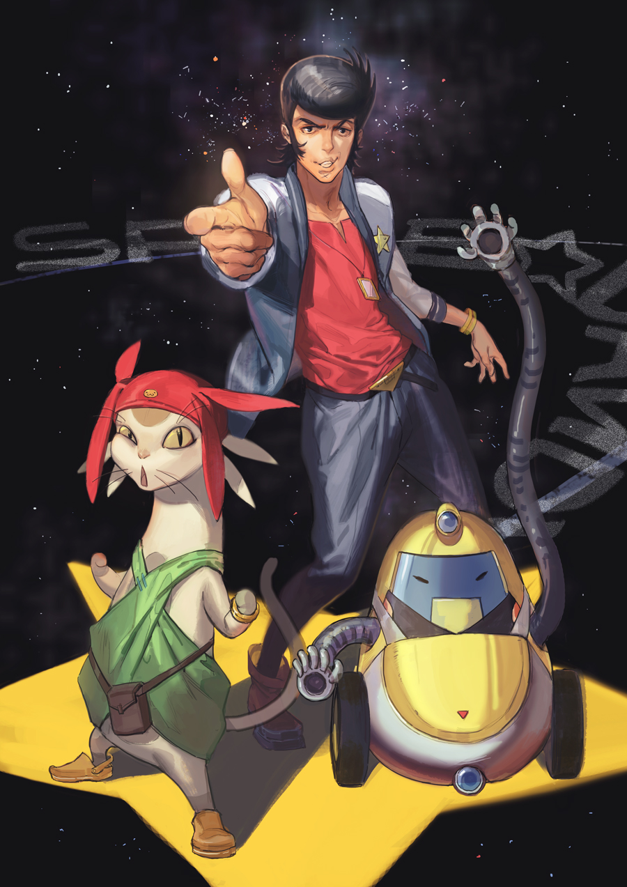3boys dandy_(space_dandy) highres meow_(space_dandy) multiple_boys naked_cat pointing pompadour qt_(space_dandy) robot smile space space_dandy star