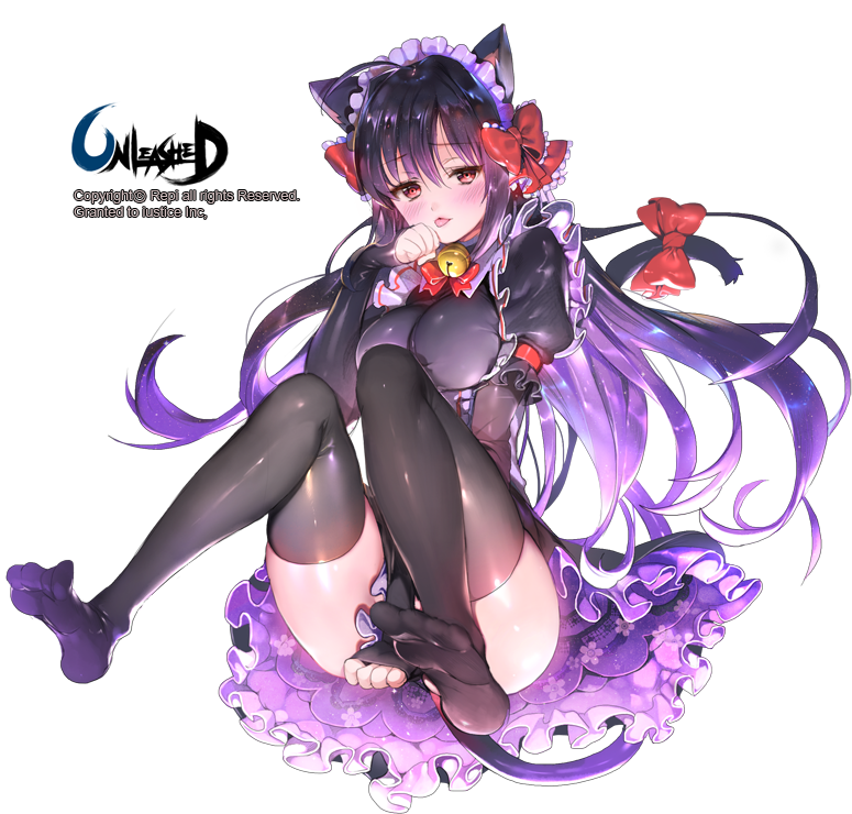 1girl :3 :p ahoge animal_ears bell between_thighs black_legwear black_panties blush bow breasts cat_ears cat_tail feet hair_bow hand_to_own_mouth jingle_bell large_breasts long_hair maid_headdress no_shoes official_art panties paw_pose puffy_sleeves purple_hair red_eyes repi987 ribbon shiny shiny_skin sleeves_past_wrists solo tail tail_bow thighhighs tongue tongue_out underwear unleashed watermark