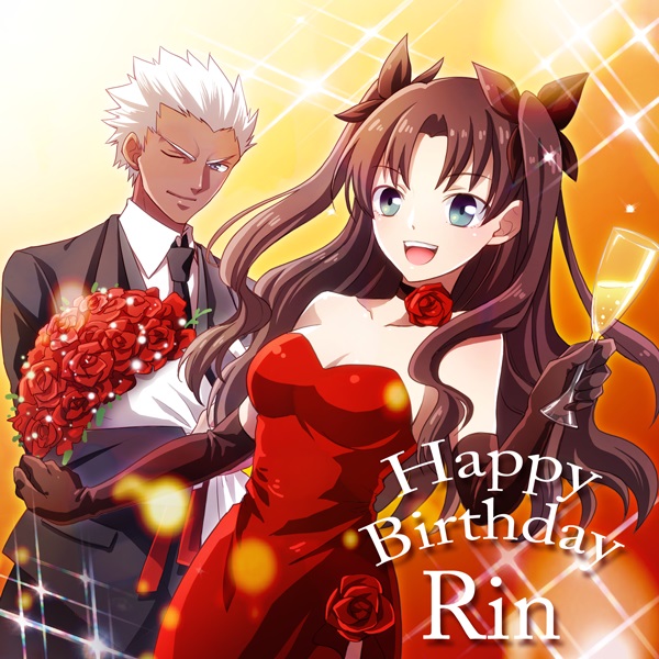 1boy 1girl alcohol archer blue_eyes brown_hair champagne dark_skin dress elbow_gloves fate/stay_night fate_(series) gloves hair_ribbon happy_birthday holiday-jin red_dress ribbon strapless_dress tohsaka_rin toosaka_rin two_side_up white_hair