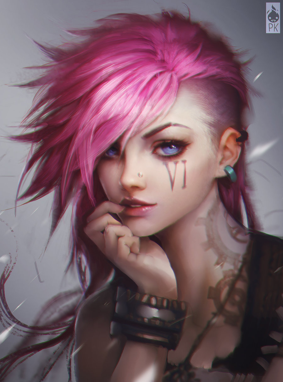 blue_eyes bracelet earrings finger_to_mouth gears hand_on_own_chin highres jewelry league_of_legends lips nose_piercing paul_kwon piercing pink_hair portrait tattoo vi_(league_of_legends)