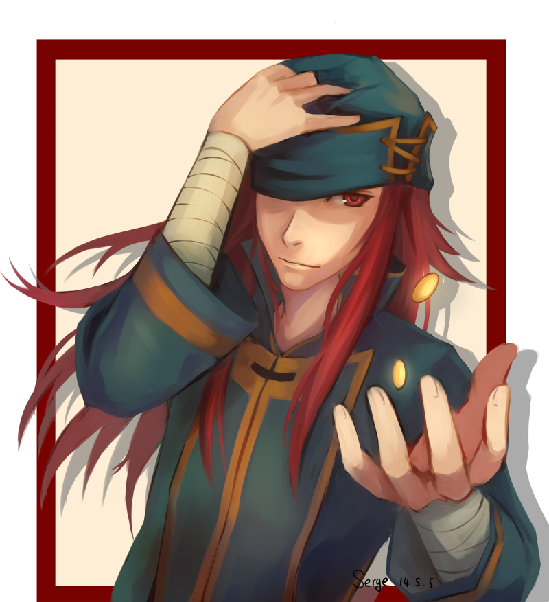 1boy bandages coin coin_flip fire_emblem fire_emblem:_seima_no_kouseki hand_on_headwear hat hat_over_one_eye joshua_(fire_emblem) long_hair male red_eyes redhead serge_komiko signature solo