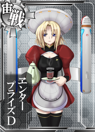1girl blonde_hair blue_eyes breasts character_name cleavage_cutout hat holding_plate kantai_collection personification puffy_sleeves skirt solo star_trek steam tea teapot thighhighs translated uss_enterprise_ncc-1701-d yukky_snow zettai_ryouiki