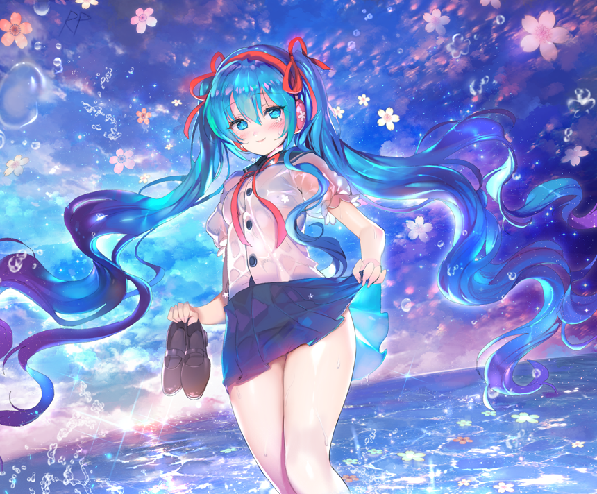 aqua_eyes aqua_hair flower hairband hatsune_miku long_hair mary_janes repi987 shoes shoes_removed sky smile twintails vocaloid