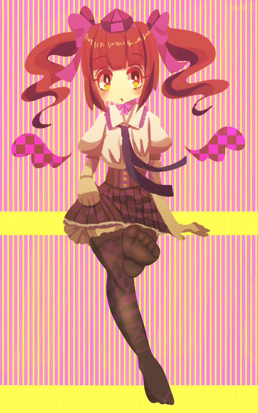 1girl brown_hair checkered checkered_legwear checkered_skirt culotte(96) hair_ribbon hat highres himekaidou_hatate long_hair necktie no_shoes ribbon skirt solo thighhighs tokin_hat touhou twintails yellow_eyes