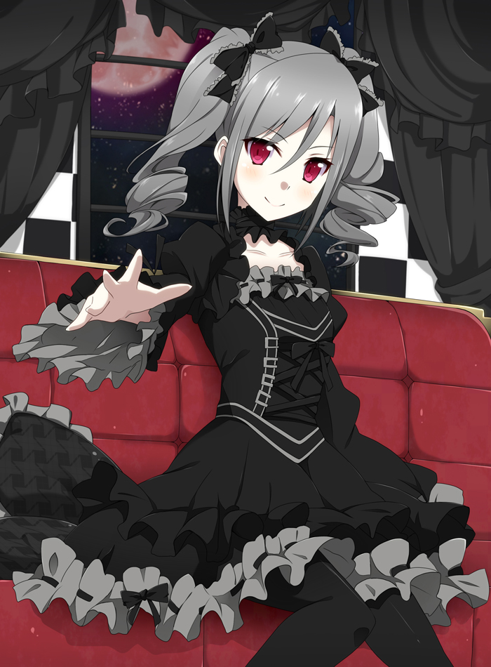 black_dress black_legwear bow choker couch curtains dress full_moon gothic_lolita hair_bow idolmaster idolmaster_cinderella_girls juliet_sleeves kanzaki_ranko kurono_yuzuko lolita_fashion long_sleeves moon night outstretched_arm outstretched_hand pantyhose pillow pink_eyes puffy_sleeves red_moon ribbon_choker silver_hair sitting sky smile solo twintails wide_sleeves window