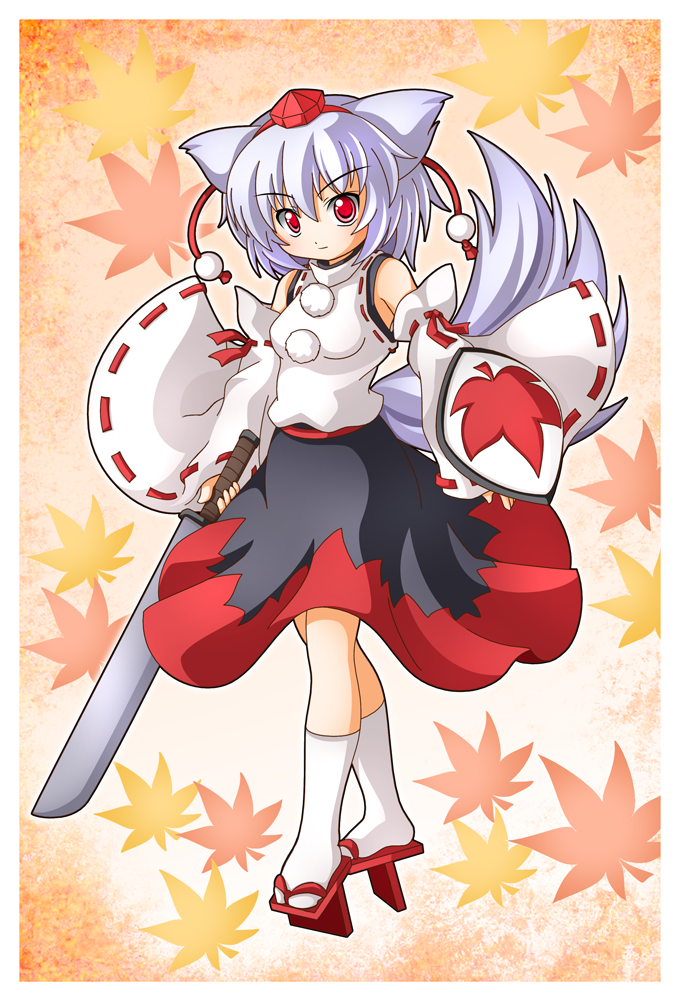 1girl animal_ears autumn_leaves bare_shoulders breasts detached_sleeves hat inubashiri_momiji leaf looking_at_viewer pom_pom_(clothes) red_eyes shield shinjitsu shirt short_hair silver_hair skirt sword tail tokin_hat touhou weapon white_shirt wolf_ears wolf_tail