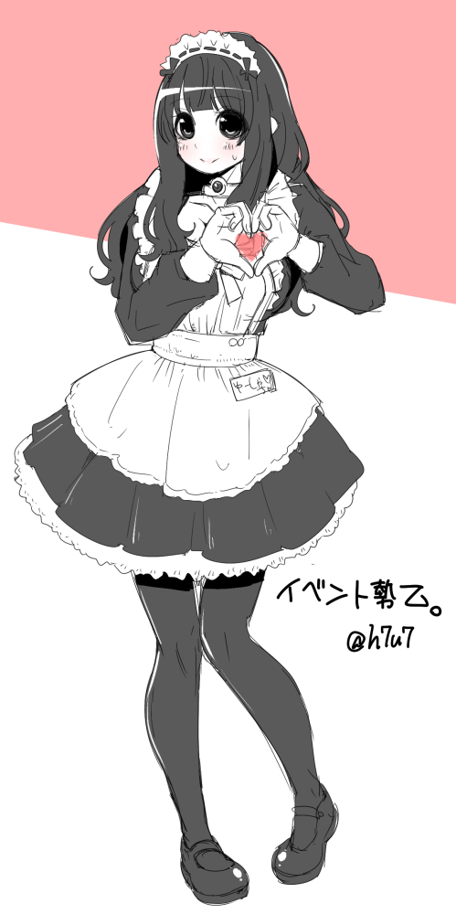 1girl black_eyes black_hair blush hanauna heart heart_hands long_hair looking_at_viewer maid maid_headdress mary_janes partially_colored shoes smile solo