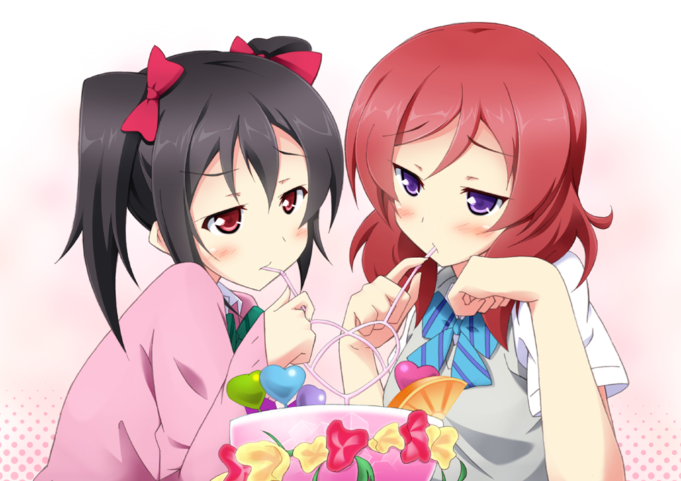 2girls black_hair bow cocktail drinking eye_contact hair_bow heart_straw looking_at_another love_live!_school_idol_project multiple_girls nishikino_maki red_eyes redhead shared_straw sharing straw striped_bow tachibana_akatsuki twintails violet_eyes yazawa_nico