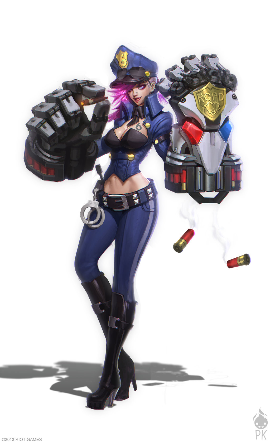 1girl alternate_costume belt blue_eyes boots breasts cigar cleavage concept_art cuffs detached_collar eyeliner full_body gauntlets hair_over_one_eye handcuffs hat high_heel_boots high_heels highres knee_boots large_breasts league_of_legends makeup midriff necktie official_art oversize_forearms pants paul_kwon peaked_cap pink_hair police police_uniform policewoman short_hair shotgun_shells smoking solo standing tattooed_breast thigh-highs thigh_boots uniform vi_(league_of_legends)
