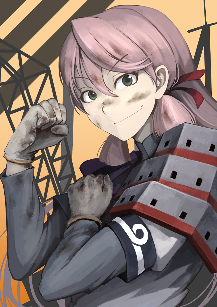 1girl akashi_(kantai_collection) armor dirt dirty_face gloves green_eyes hetza_(hellshock) kantai_collection long_hair looking_at_viewer pink_hair revision rosie_the_riveter school_uniform smile solo