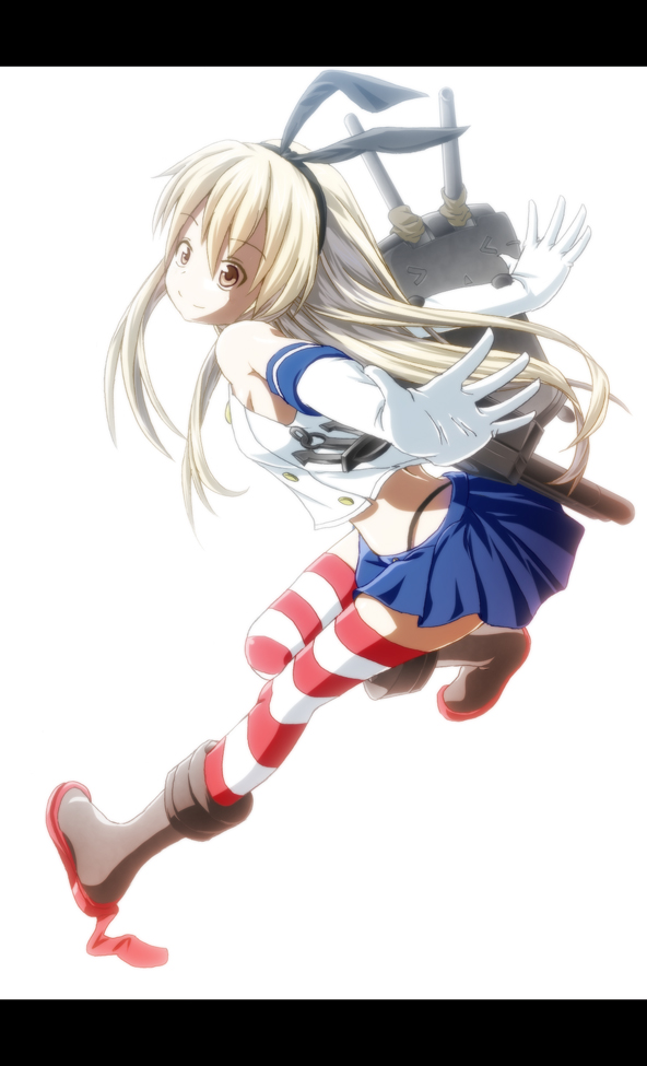 1girl anchor blonde_hair brown_eyes gloves kantai_collection long_hair looking_at_viewer personification rrw_(wrwrwr54) shimakaze_(kantai_collection) skirt solo striped striped_legwear thighhighs white_gloves