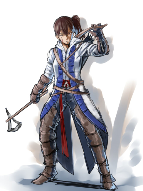 1girl assassin's_creed_iii bow_(weapon) brown_eyes brown_hair coat connor_kenway connor_kenway_(cosplay) cosplay ishii_hisao kaga_(kantai_collection) kantai_collection short_hair side_ponytail solo tomahawk weapon weapon_connection