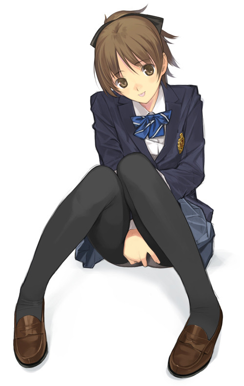 1girl :p black_legwear blazer brown_eyes brown_hair hirasawa_ui k-on! loafers mibu_natsuki original panties panties_under_pantyhose pantyhose school_uniform shoes sitting smile solo tongue underwear