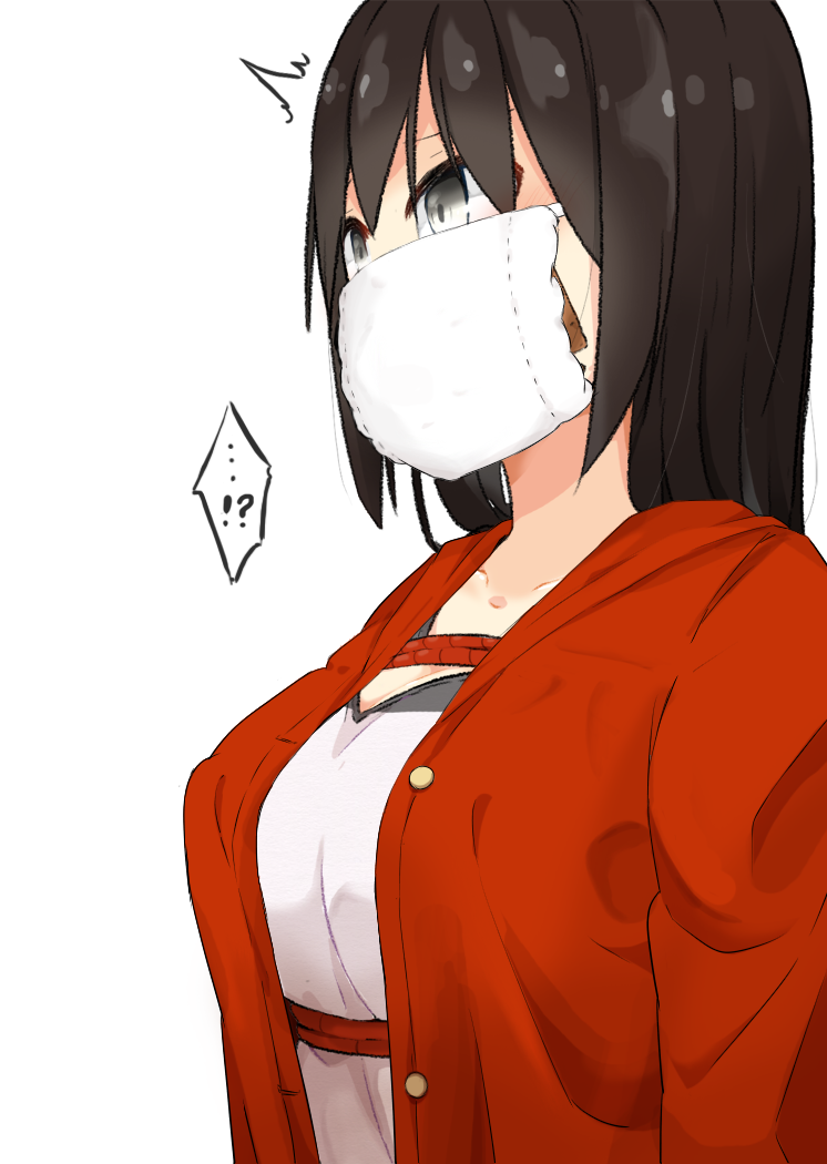 !? ... /\/\/\ 1girl bangs bdsm black_hair blue_eyes blush bound breasts cleavage collarbone gag gagged hoojiro_(found1093) improvised_gag jacket large_breasts long_hair looking_away motion_lines open_clothes open_jacket original raglan_sleeves red_jacket shibari shibari_over_clothes simple_background solo straight_hair tape tape_gag unbuttoned upper_body v-neck white_background